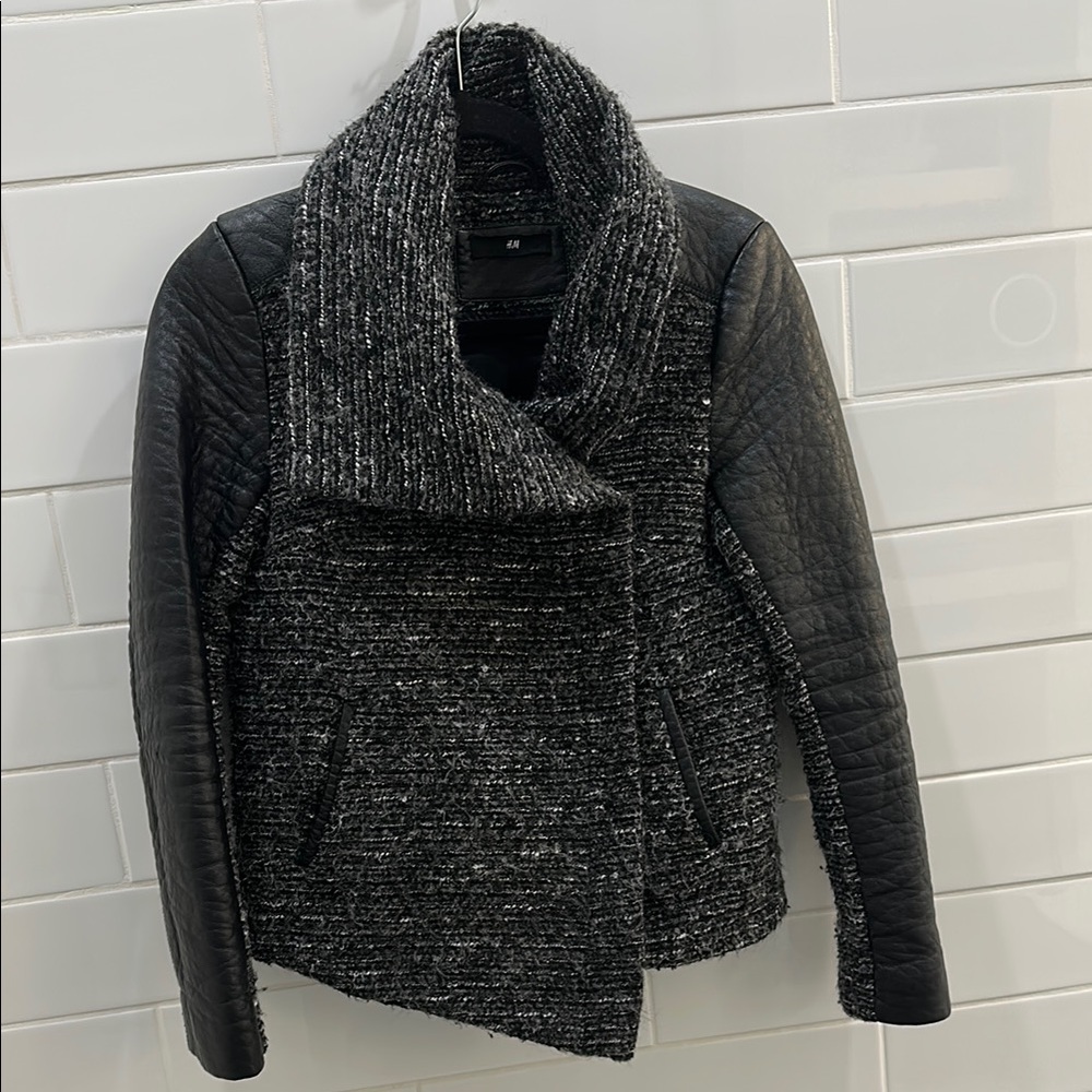 H&M Women's Black and Gray Wool Faux Leather trim Jacket
